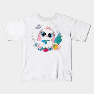 Funny rabbit on a background of flowers Kids T-Shirt